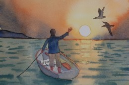 Roxanne's watercolour of shearwaters at sunset
