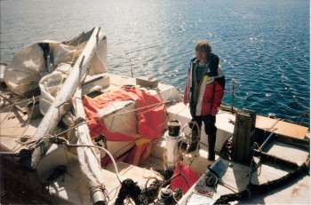 The aftermath of the capsize, with the deck still littered cluttered by the broken main mast