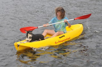 Walking the dog, with our new Patagonian Kayak