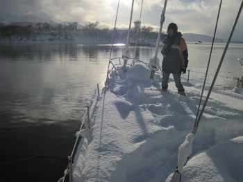 A snowy foredeck. Going sailing in this kind of weather is hard work