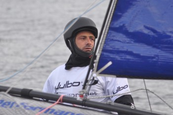 Franck Cammas prepares a catamaran hydrofoil dinghy for a trip around the Horn