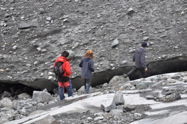 The rock-covered edge of a glacier in Estero Coloane