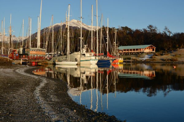 Yachts moored in the creek at Puerto Williams