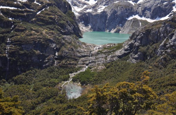 The green lake is formed and fed by a glacier which slides down from Monte Bove - one of the highest peaks in Tierra del fuego - but the pond in the foreground was created by a beaver, and his offspring have colonised and flooded pockets of land downstream